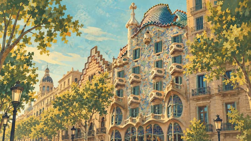 Casa Batlló 4K wallpaper, mid-century travel poster style, for Frame TV and desktop