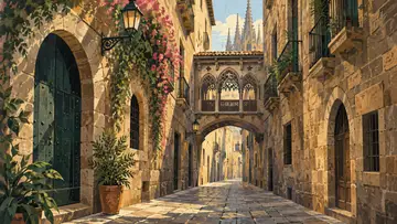 Gothic Quarter 4K wallpaper, mid-century travel poster style