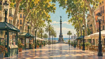 La Rambla 4K wallpaper, mid-century travel poster style