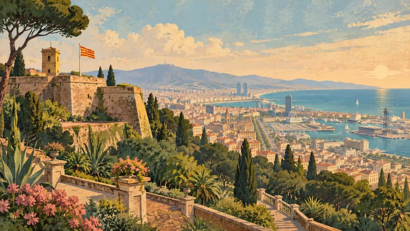 Montjuïc Hill 4K wallpaper, mid-century travel poster style, for Frame TV and desktop