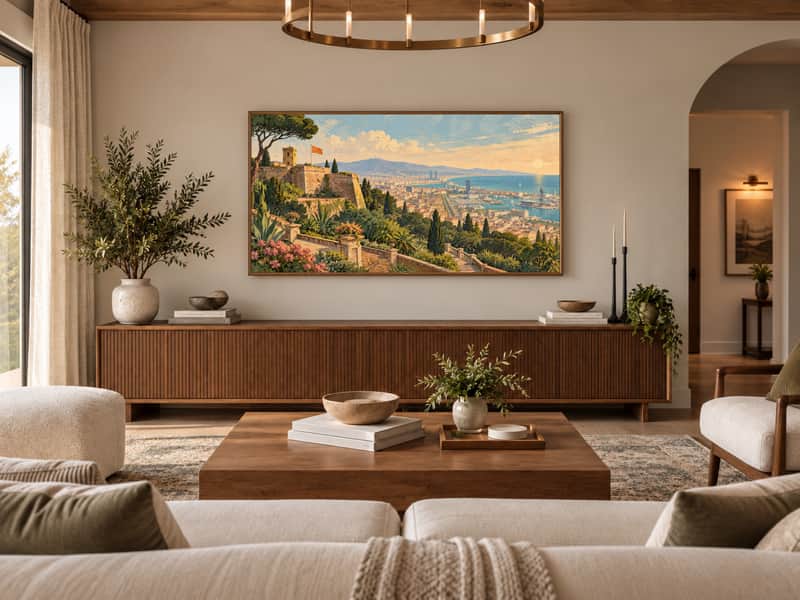 Montjuïc Hill wallpaper shown as art on a Samsung Frame TV