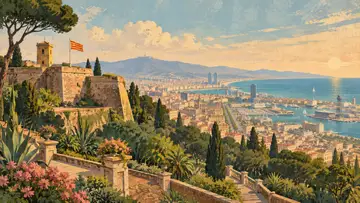 Montjuïc Hill 4K wallpaper, mid-century travel poster style