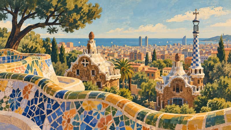 Park Güell 4K wallpaper, mid-century travel poster style, for Frame TV and desktop