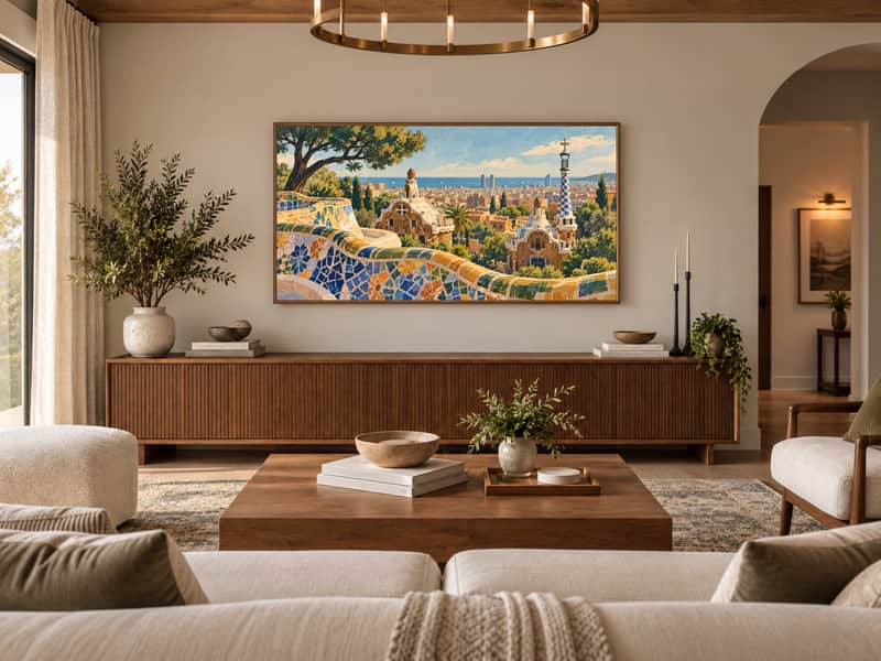 Park Güell wallpaper shown as art on a Samsung Frame TV
