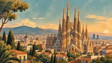 Sagrada Familia 4K wallpaper, mid-century travel poster style