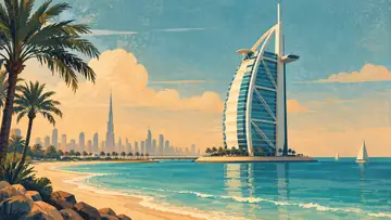 Burj Al Arab 4K wallpaper, mid-century travel poster style
