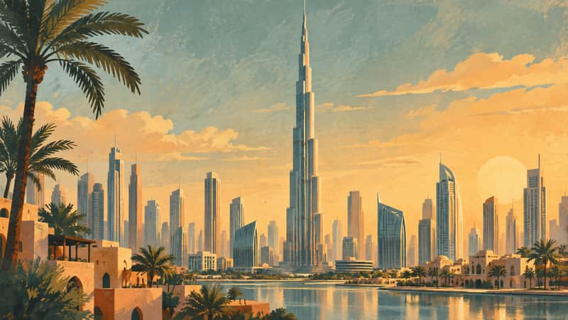 Burj Khalifa 4K wallpaper, mid-century travel poster style, for Frame TV and desktop