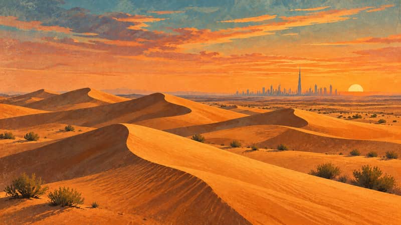 Desert Dunes 4K wallpaper, mid-century travel poster style, for Frame TV and desktop