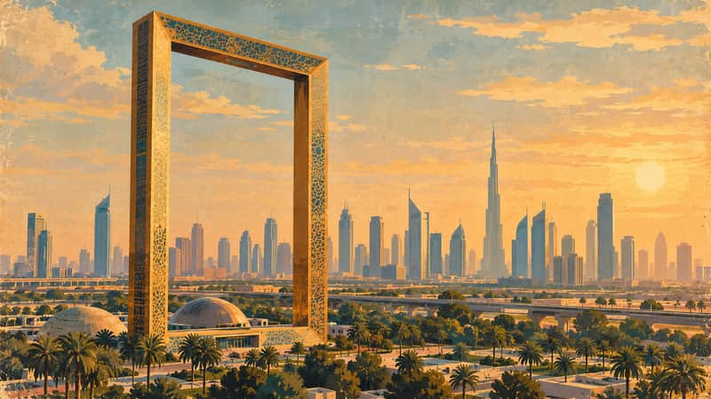 Dubai Frame 4K wallpaper, mid-century travel poster style, for Frame TV and desktop