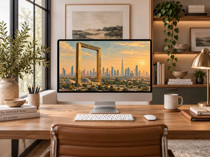 Dubai Frame wallpaper shown on a desktop computer screen