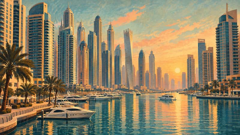 Dubai Marina 4K wallpaper, mid-century travel poster style, for Frame TV and desktop