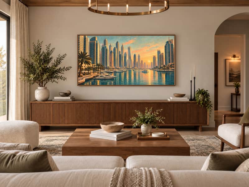 Dubai Marina wallpaper shown as art on a Samsung Frame TV