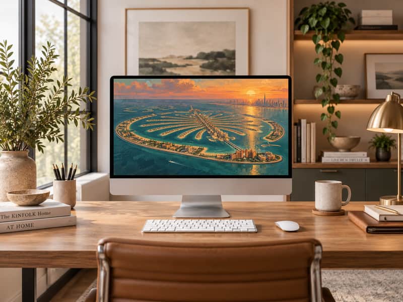 Palm Jumeirah wallpaper shown on a desktop computer screen