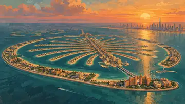 Palm Jumeirah 4K wallpaper, mid-century travel poster style