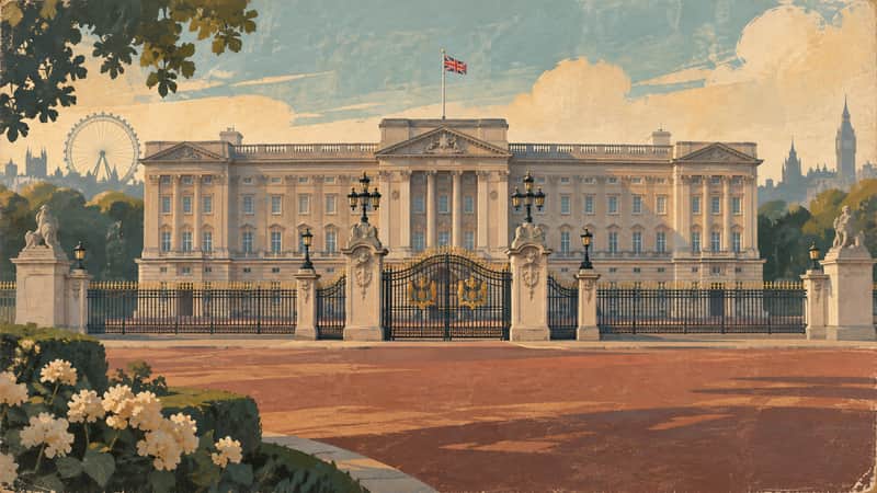 Buckingham Palace 4K wallpaper, mid-century travel poster style, for Frame TV and desktop
