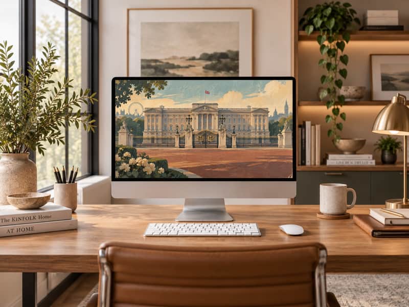 Buckingham Palace wallpaper shown on a desktop computer screen