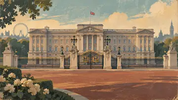 Buckingham Palace 4K wallpaper, mid-century travel poster style