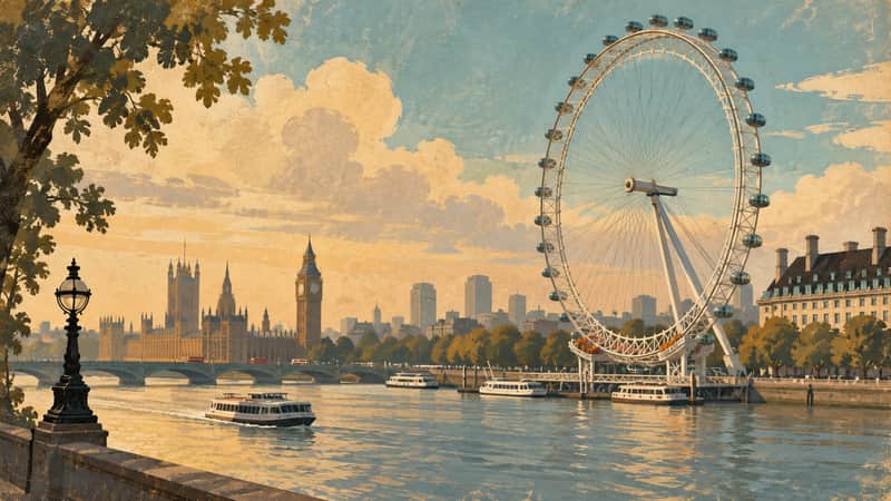 London Eye 4K wallpaper, mid-century travel poster style, for Frame TV and desktop