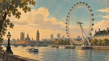 London Eye 4K wallpaper, mid-century travel poster style