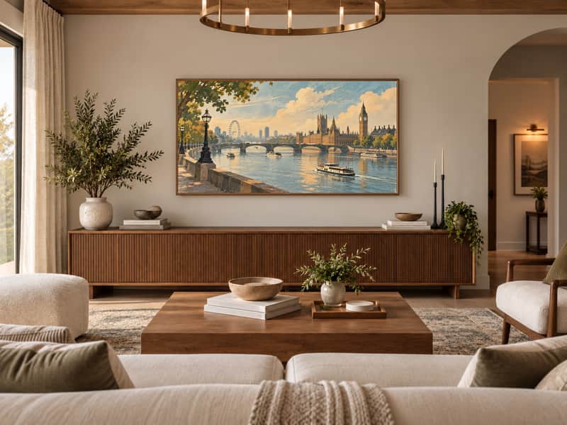 Thames Riverside wallpaper shown as art on a Samsung Frame TV