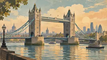 Tower Bridge 4K wallpaper, mid-century travel poster style