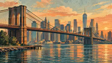 Brooklyn Bridge 4K wallpaper, mid-century travel poster style