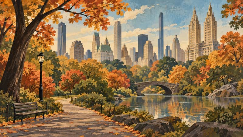 Central Park 4K wallpaper, mid-century travel poster style, for Frame TV and desktop