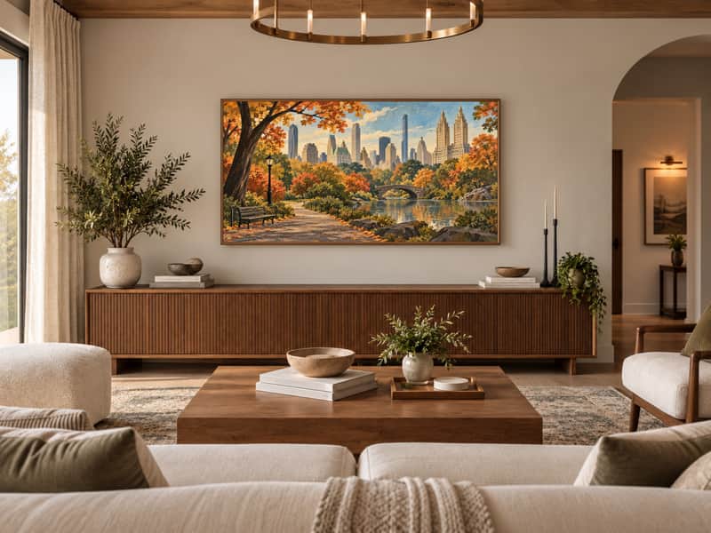 Central Park wallpaper shown as art on a Samsung Frame TV