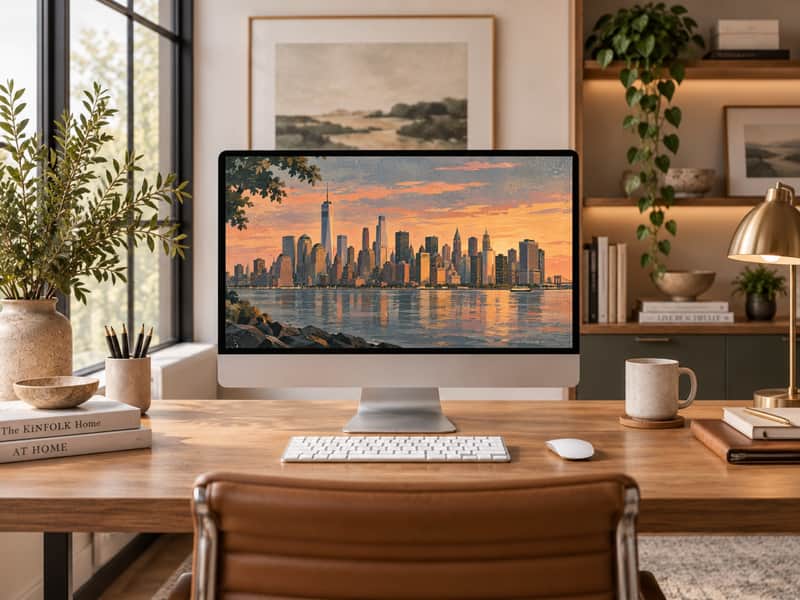 Empire State Building wallpaper shown on a desktop computer screen
