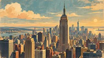 Empire State Building 4K wallpaper, mid-century travel poster style