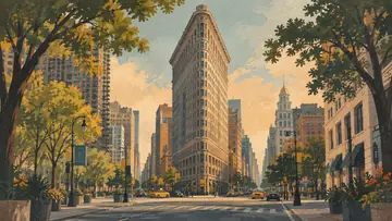 Flatiron Building 4K wallpaper, mid-century travel poster style