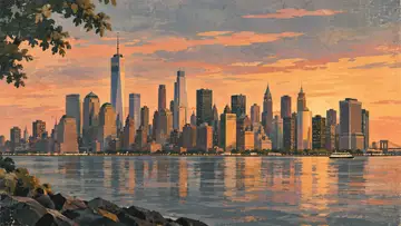 Manhattan Skyline 4K wallpaper, mid-century travel poster style