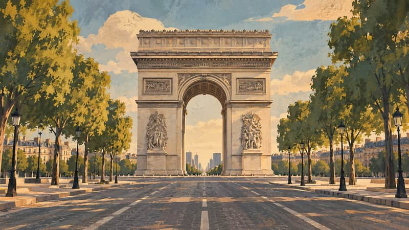 Arc de Triomphe 4K wallpaper, mid-century travel poster style, for Frame TV and desktop