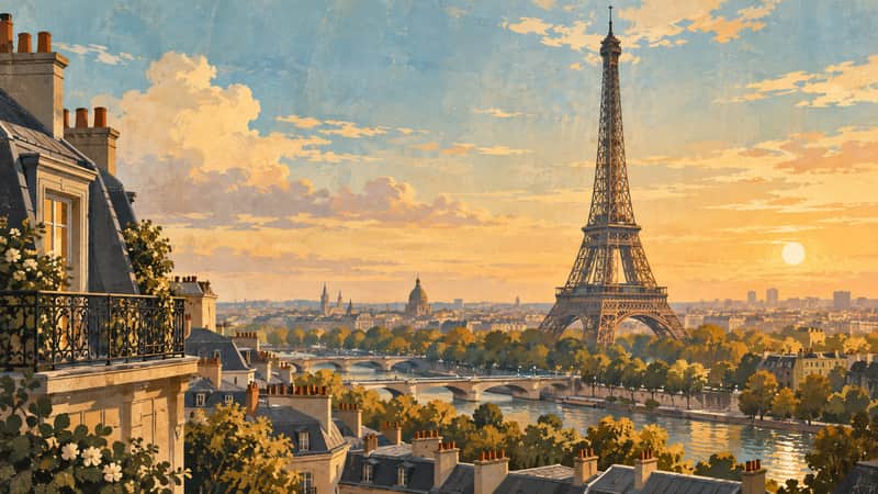 Eiffel Tower 4K wallpaper, mid-century travel poster style, for Frame TV and desktop