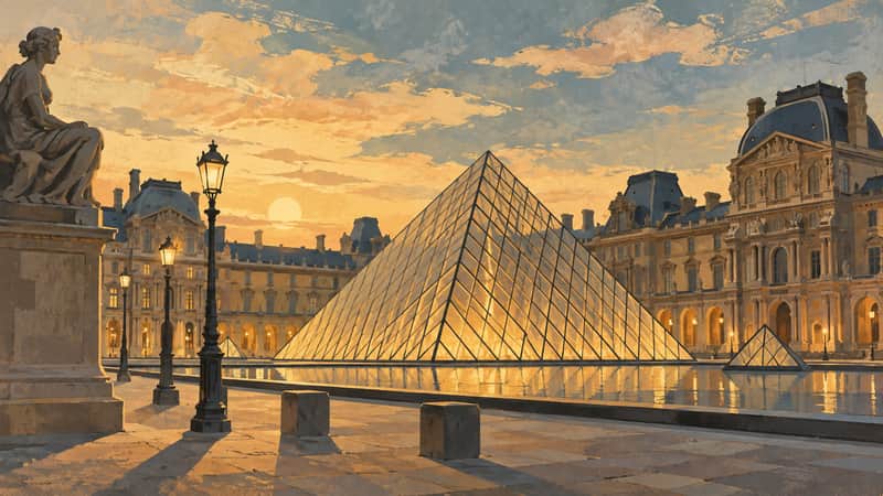 Louvre Pyramid 4K wallpaper, mid-century travel poster style, for Frame TV and desktop