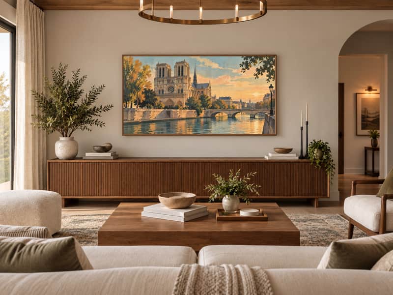 Louvre Pyramid wallpaper shown as art on a Samsung Frame TV