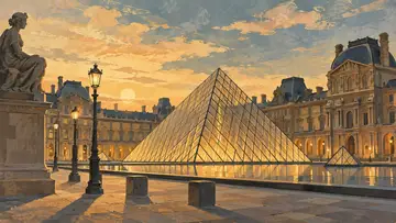 Louvre Pyramid 4K wallpaper, mid-century travel poster style