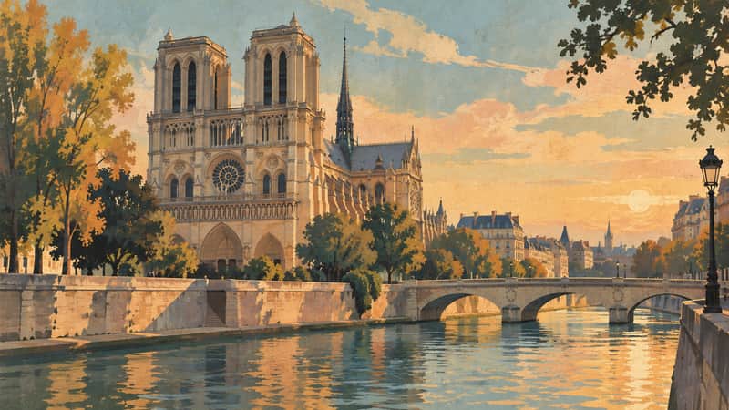 Notre-Dame Cathedral 4K wallpaper, mid-century travel poster style, for Frame TV and desktop