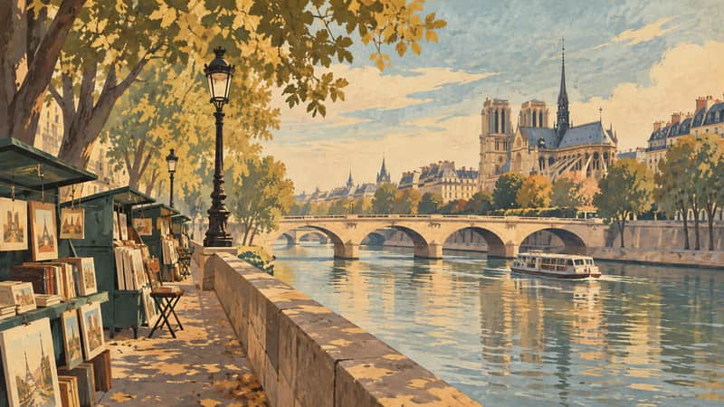 Seine Riverside 4K wallpaper, mid-century travel poster style, for Frame TV and desktop
