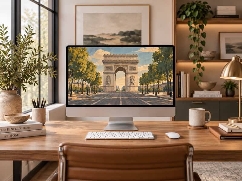 Seine Riverside wallpaper shown on a desktop computer screen