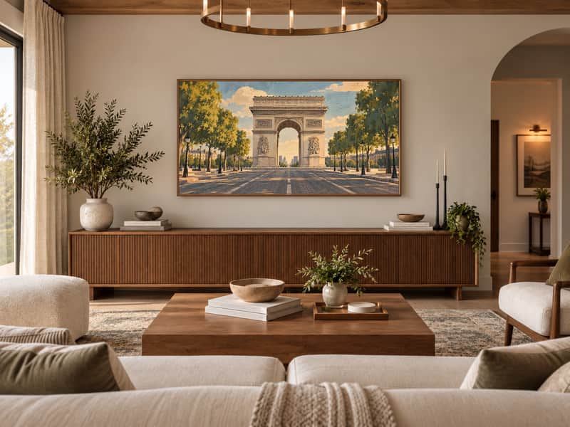 Seine Riverside wallpaper shown as art on a Samsung Frame TV