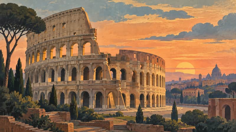 Colosseum 4K wallpaper, mid-century travel poster style, for Frame TV and desktop