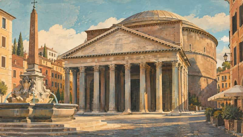 Pantheon 4K wallpaper, mid-century travel poster style, for Frame TV and desktop