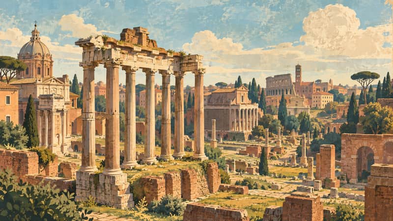 Roman Forum 4K wallpaper, mid-century travel poster style, for Frame TV and desktop