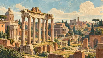 Roman Forum 4K wallpaper, mid-century travel poster style