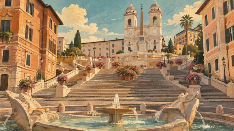 Spanish Steps 4K wallpaper, mid-century travel poster style, for Frame TV and desktop