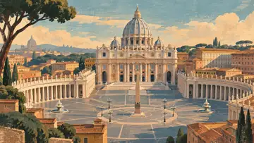 St. Peter's Basilica 4K wallpaper, mid-century travel poster style
