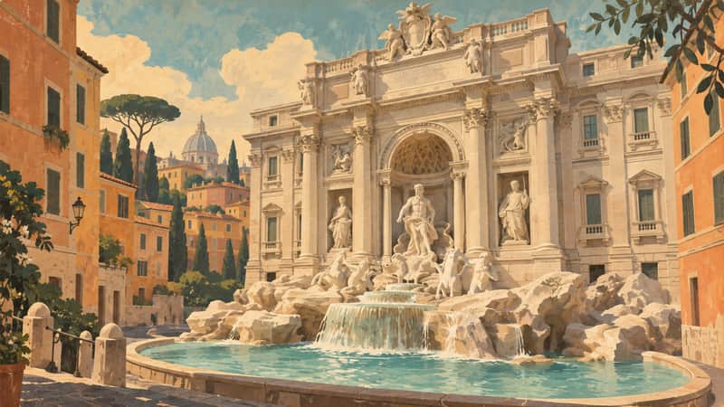 Trevi Fountain 4K wallpaper, mid-century travel poster style, for Frame TV and desktop