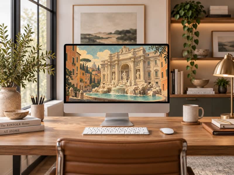 Trevi Fountain wallpaper shown on a desktop computer screen