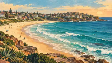 Bondi Beach 4K wallpaper, mid-century travel poster style